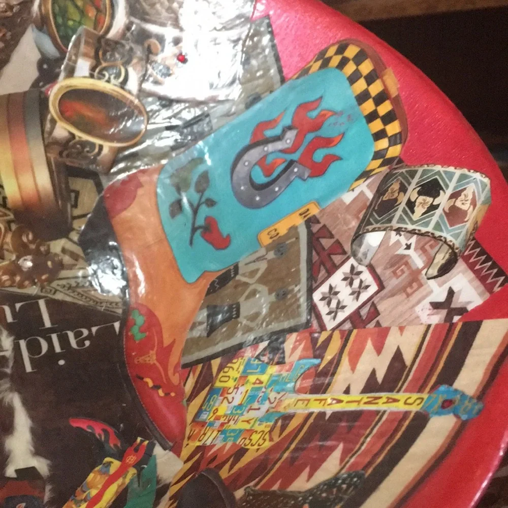 Hand Crafted Vintage Bowl Colorful Southwest Cowboy boots Jewelry Decoupage Art - Picture 7 of 11